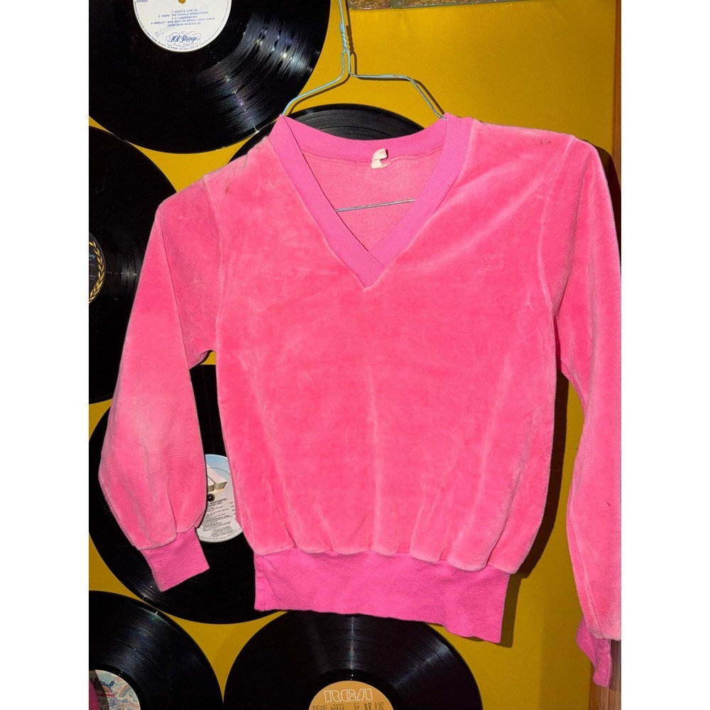Vintage Kids Hot Pink Velour V-Neck Sweatshirt Long Sleeve Retro Pullover
